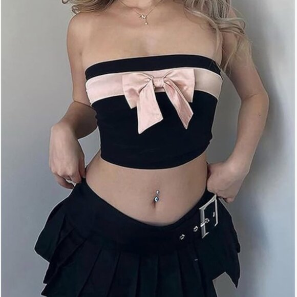 BAIMORE Women's Y2K Colorblock Sleeveless Bow Front Bandeau Top Strapless Crop - Picture 3 of 5